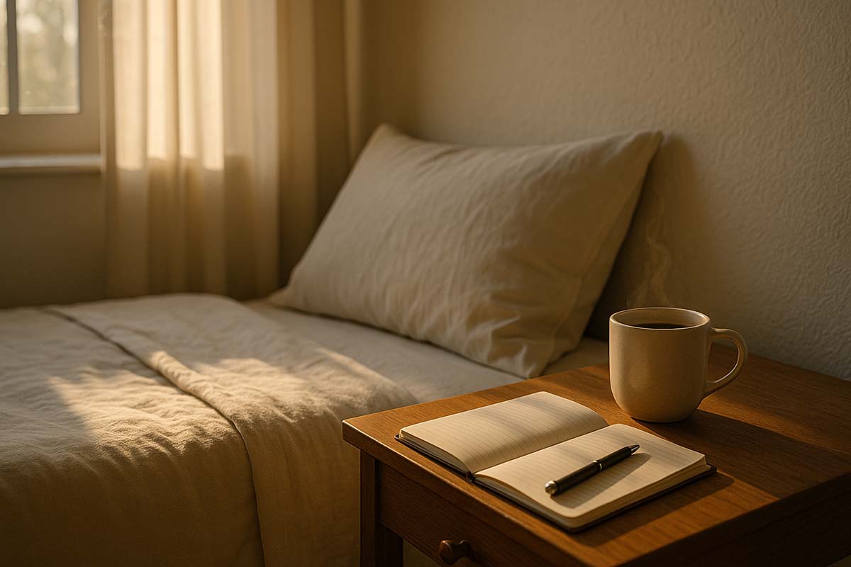 bed - Low Two Pair Sunlight pouring into a cozy bedroom with coffee and a journal on the nightstandâsymbolizing hope and fresh starts.
