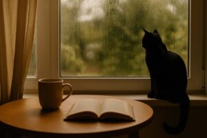 A peaceful indoor scene on a rainy day, with a warm drink on the table and a black cat on the windowsill, evoking calm retreat and quiet reflection on Friday the 13th.