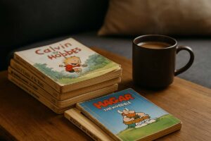 A cozy reading nook with a stack of vintage comic books and a mug of coffee, evoking nostalgia and relaxation.