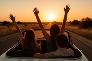 Friends on a summer road trip with the sun setting behind them and music in the air.