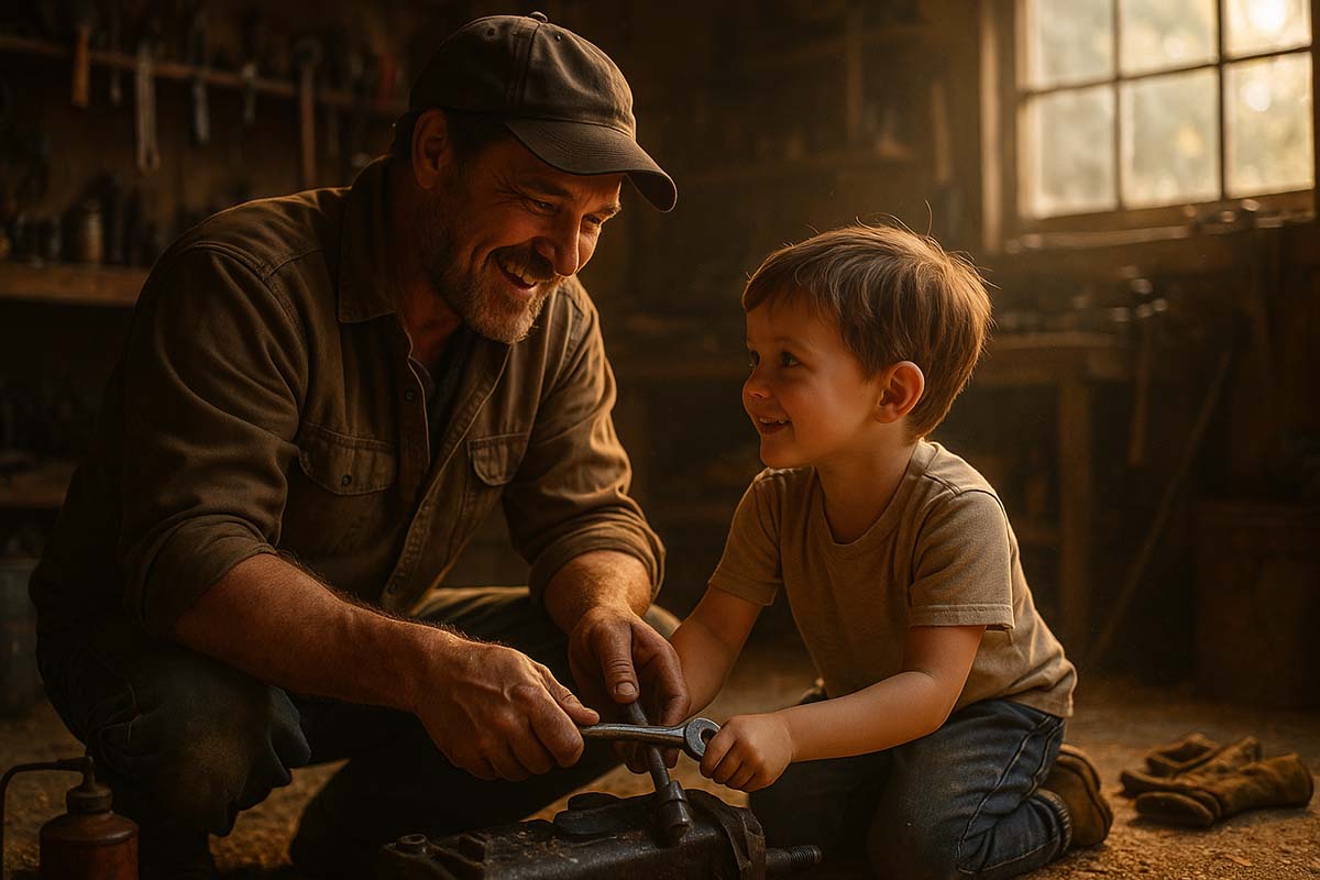 father-and-son - Low Two Pair A father and child bonding in a garage, surrounded by tools, grease, and sawdust, representing shared moments and lasting memories.