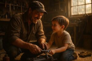 A father and child bonding in a garage, surrounded by tools, grease, and sawdust, representing shared moments and lasting memories.