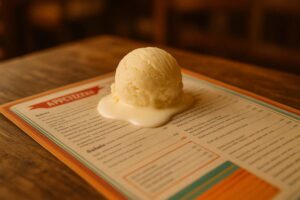 Vanilla ice cream melting on a menu, illustrating the difference between menu and meal.