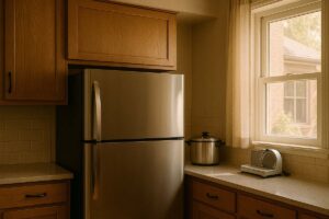 Closed kitchen cabinet over a refrigerator in a softly lit kitchen, symbolizing hidden or forgotten items.