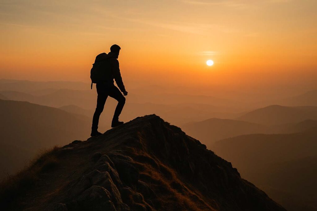 mountaintop - Low Two Pair a person standing on a mountaintop at sunset