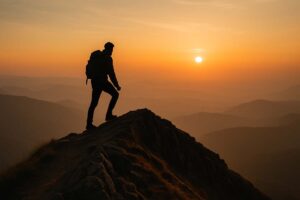 a person standing on a mountaintop at sunset