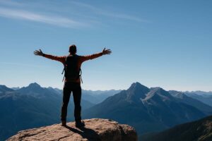 Person on a rocky outcrop with arms spread wide, embracing the challenge of the climb.