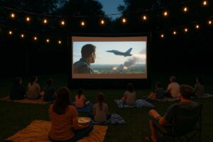 Outdoor summer movie night with people sitting under string lights watching a film on a big screen.