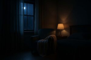 A cozy, dimly lit bedroom with moonlight shining through a window and a blanket-draped chair, symbolizing nighttime peace and reflection.