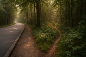 “Two contrasting paths—one smooth, one wild—representing easy choices versus personal journeys.”