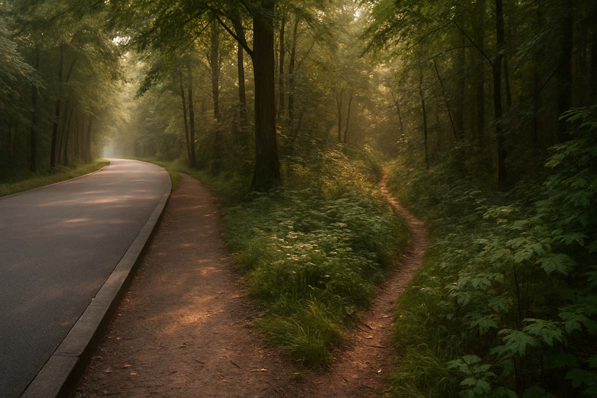 road-path-1 - Low Two Pair “Two contrasting paths—one smooth, one wild—representing easy choices versus personal journeys.”