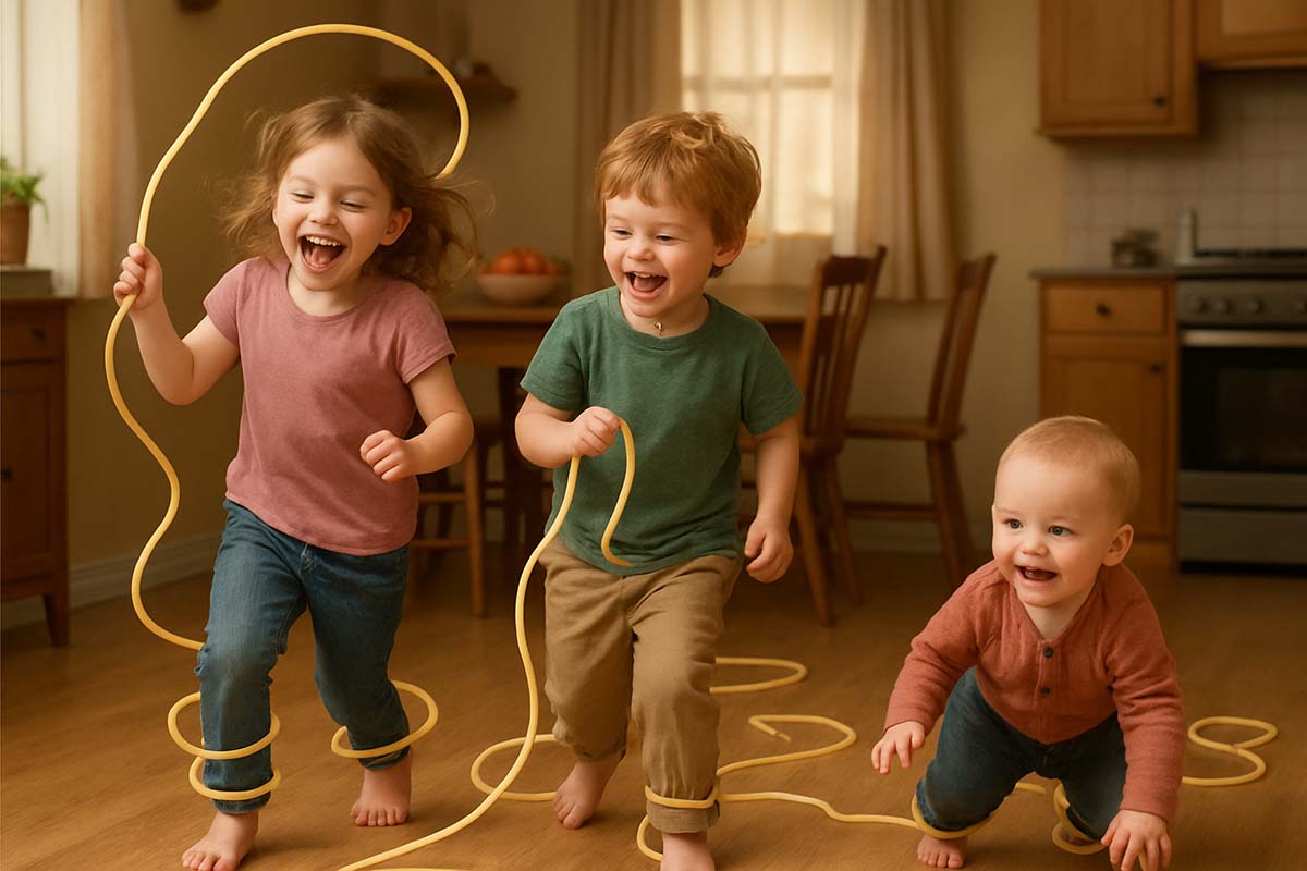 spaghetti - Low Two Pair children joyfully playing with spaghetti