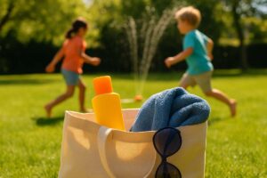 A sunny summer afternoon scene with a close-up of a beach bag containing a bottle of sunscreen, a rolled-up towel, and sunglasses. In the background, blurred kids play in a sprinkler on a green lawn.