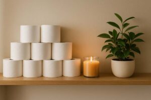 A tidy shelf stocked with toilet paper, evoking a feeling of calm preparedness and domestic comfort.