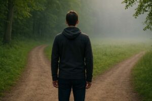 A contemplative person facing two diverging forest paths, symbolizing life choices and priorities.