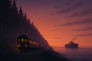 A train at dusk passing through a forest and a boat sailing on the ocean, representing two different journeys.