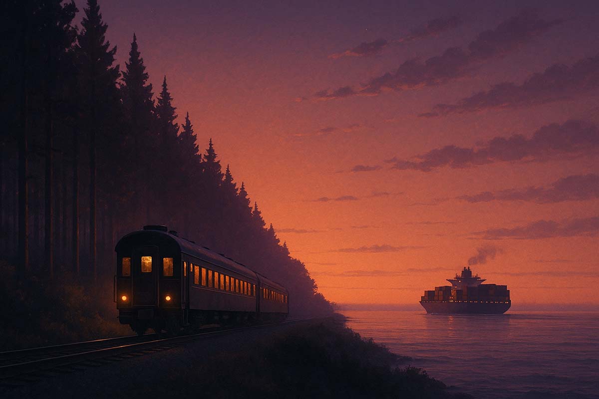 train-and-boat - Low Two Pair A train at dusk passing through a forest and a boat sailing on the ocean, representing two different journeys.