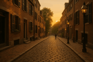 a lone person walking down a cobblestone street