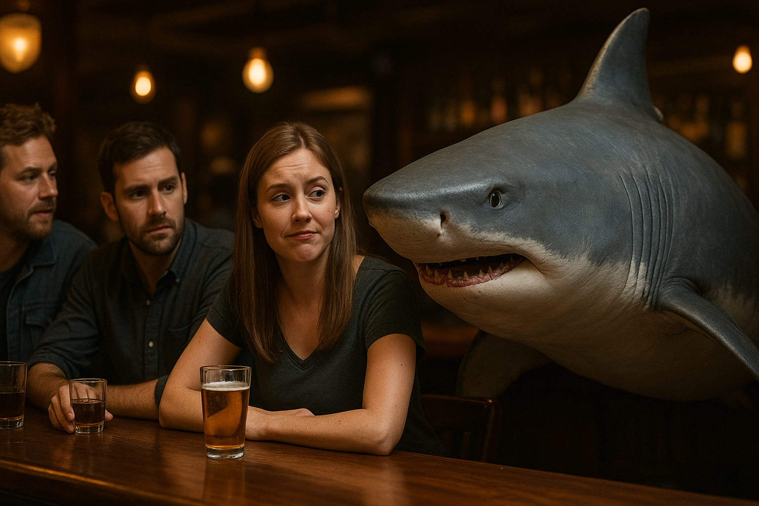 ChatGPT-Image-Jul-22-2025-at-09_28_26-PM - Low Two Pair three people sitting at a bar talking with a shark