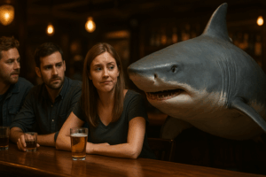 three people sitting at a bar talking with a shark