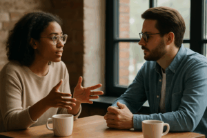 Two people having a conversation in a cafe