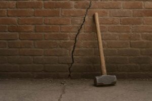 a sledgehammer leaning on a broken brick wall