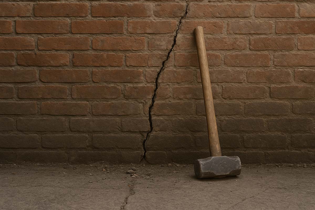 brick-wall - Low Two Pair a sledgehammer leaning on a broken brick wall