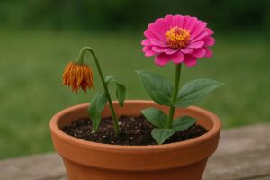 two flowers in a flower pot. one of them is dying.