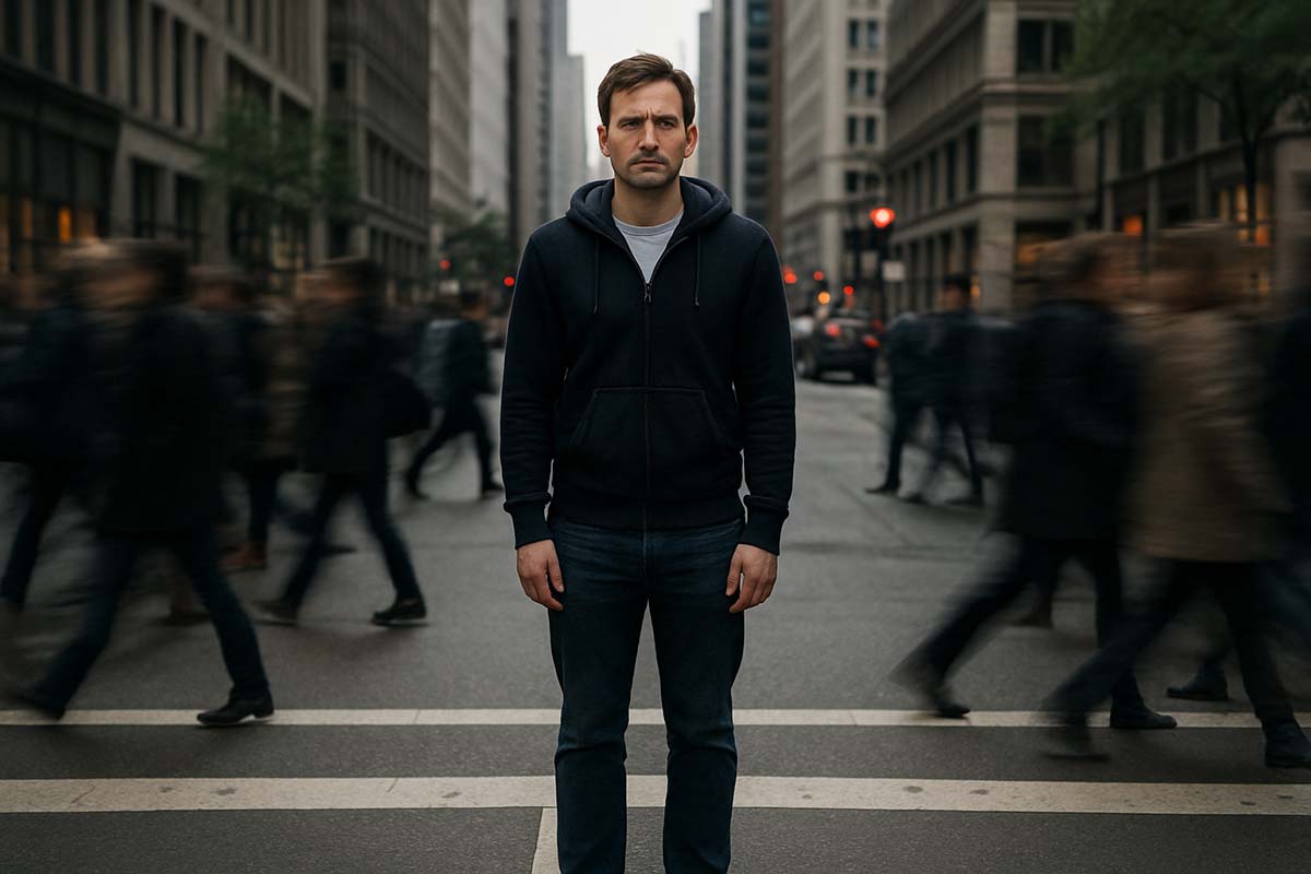 life - Low Two Pair Someone standing still in a busy city street while crowds move past them in a blur, symbolizing life moving too fast.