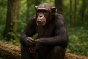 monkey sitting on a log holding a leaf