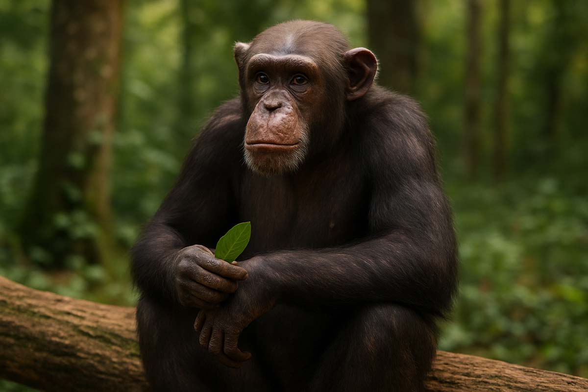 monkey - Low Two Pair monkey sitting on a log holding a leaf
