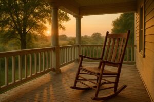 rocking chair sitting on a back porch