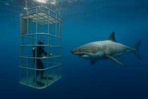 a diver in a shark cage swimming with a shark