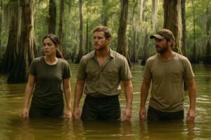 three people standing knee deep in a swamp