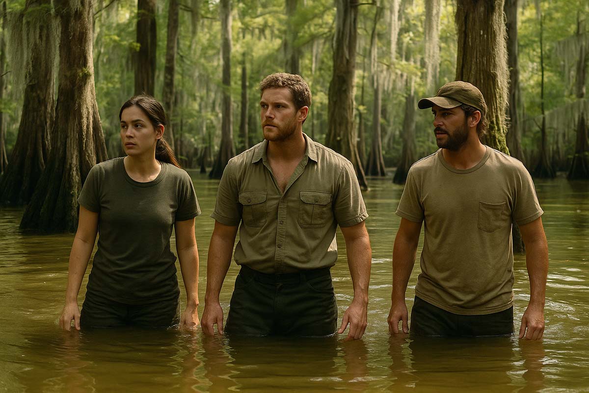 swamp - Low Two Pair three people standing knee deep in a swamp