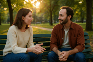 two strangers talking on a park bench