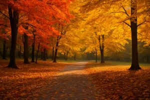 A peaceful autumn day with golden leaves on the ground and colorful trees lining a park path.