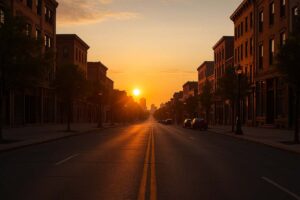 sunrise over an empty city street