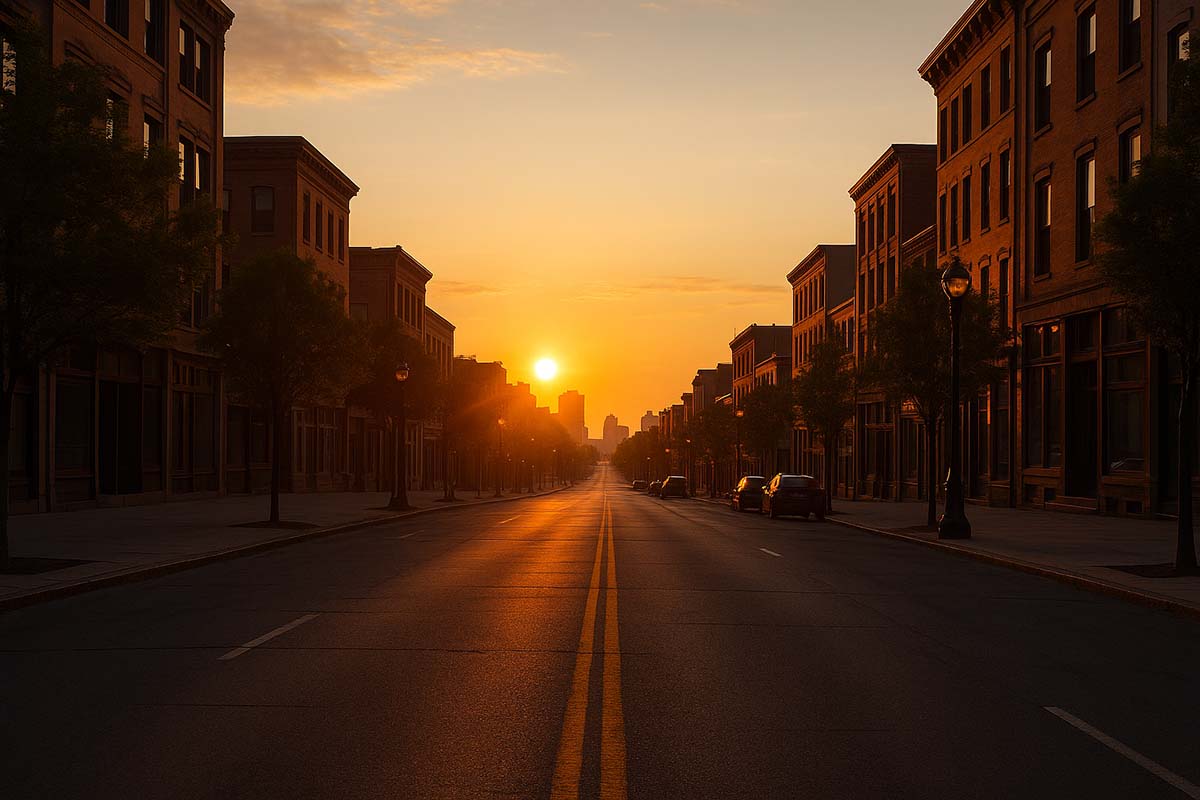 city-sunrise - Low Two Pair sunrise over an empty city street