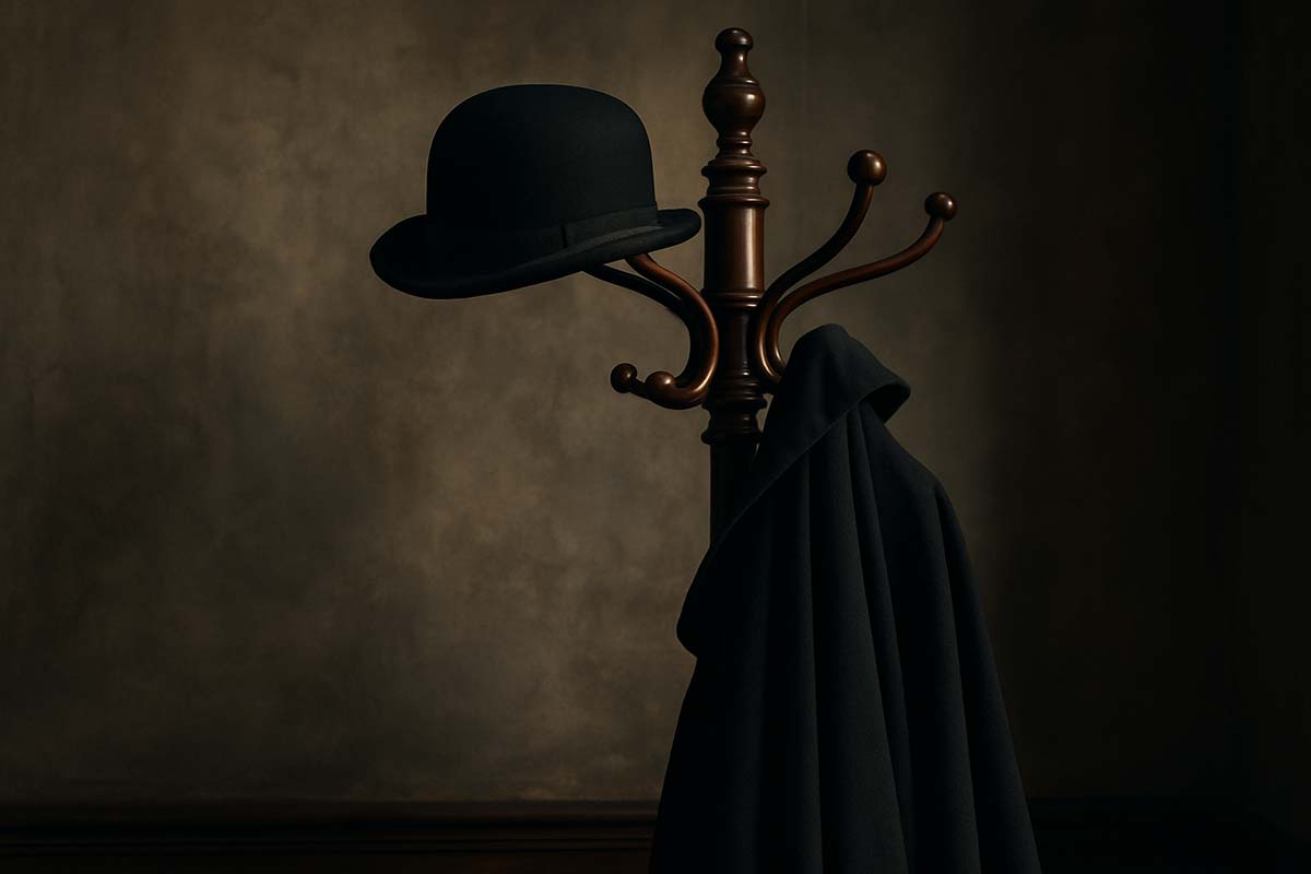 cloak-and-hat - Low Two Pair men's bowler hat on a coat rack with a cape