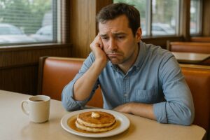 a man sitting in front of a disappointing stack of pancakes