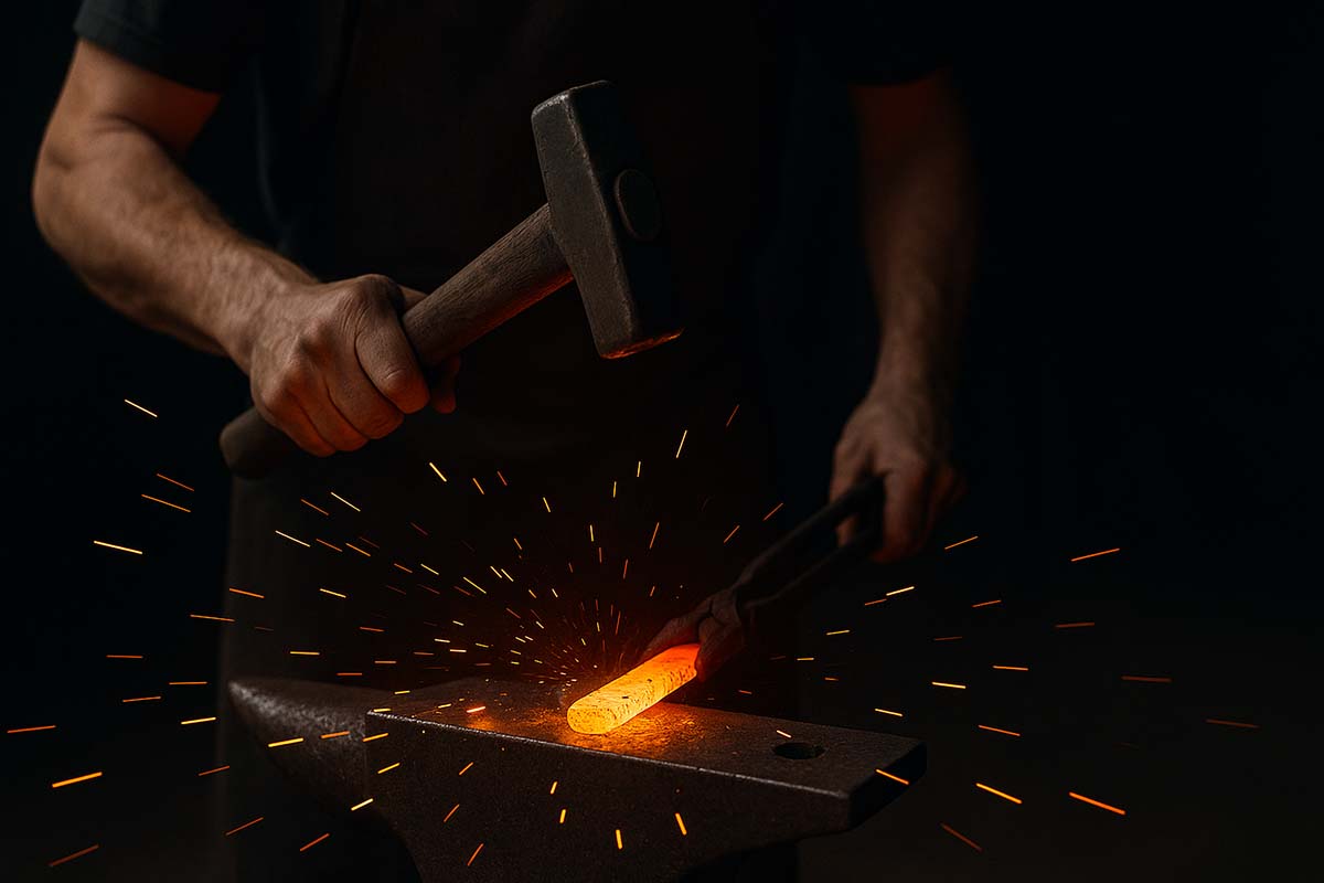forge - Low Two Pair A blacksmith hammering a glowing piece of iron on an anvil, sparks flying into the dark background.