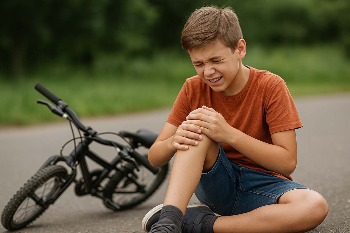 a boy sitting next to his bike holding his knee in injury