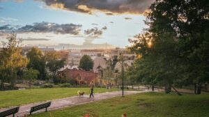 a person walking the dog enjoying the last days of summer