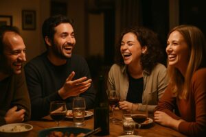 Friends laughing around a table as someone tells a funny story.