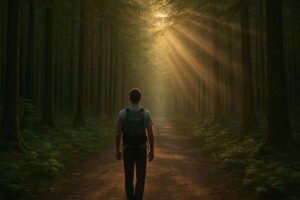 Person standing at the edge of a forest trail, taking the first step into the woods with sunlight streaming through.