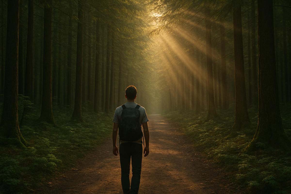 lone-hiker - Low Two Pair Person standing at the edge of a forest trail, taking the first step into the woods with sunlight streaming through.