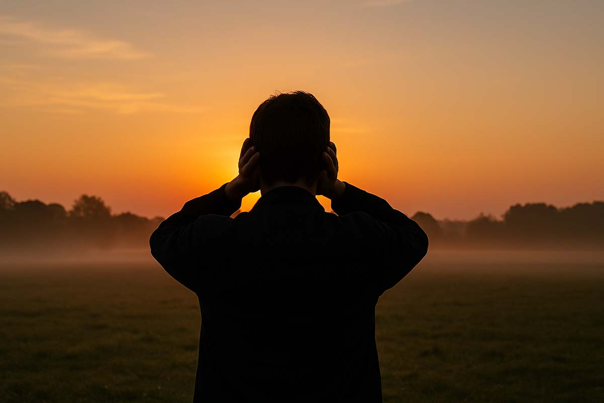 sunrise-sounds - Low Two Pair a person covering their ears while watching sunrise