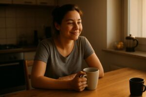 a woman smiling while sitting at a kitchen table.