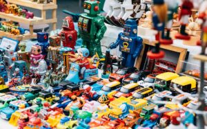 a bunch of toys lined up waiting to get stepped on